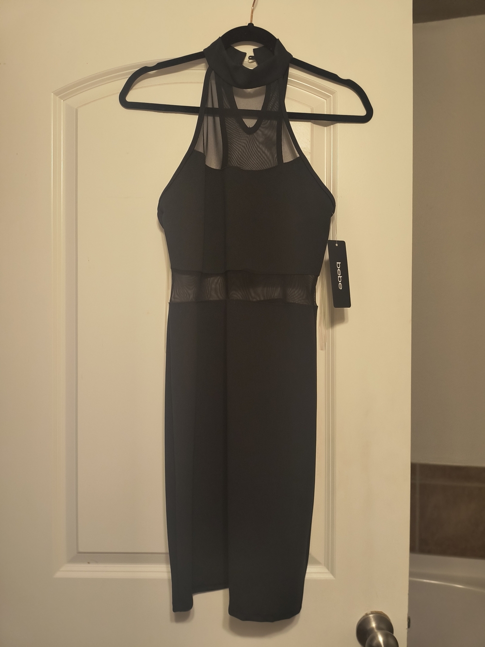 bebe Black Halter Midi Dress with Mesh Insets